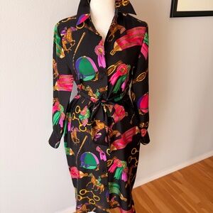 Ralph Lauren Silk Dress – Equestrian Print, Black, Green, Pink Accents, Size 2